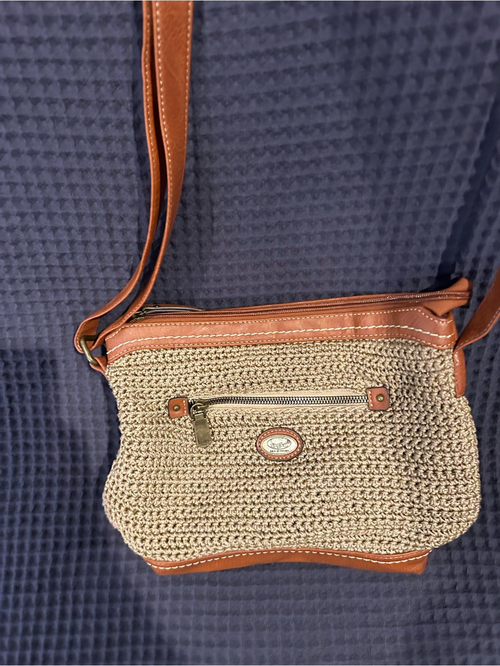 Woven Crossbody Bag with Brown Trim